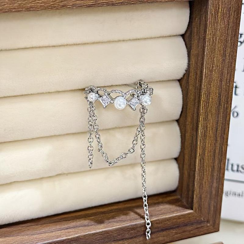 Exquisite Niche High-End Bead Fringed Ring Women'S Fashion Light Luxury Zircon Double-Layer Geometric Open Index Finger Ring