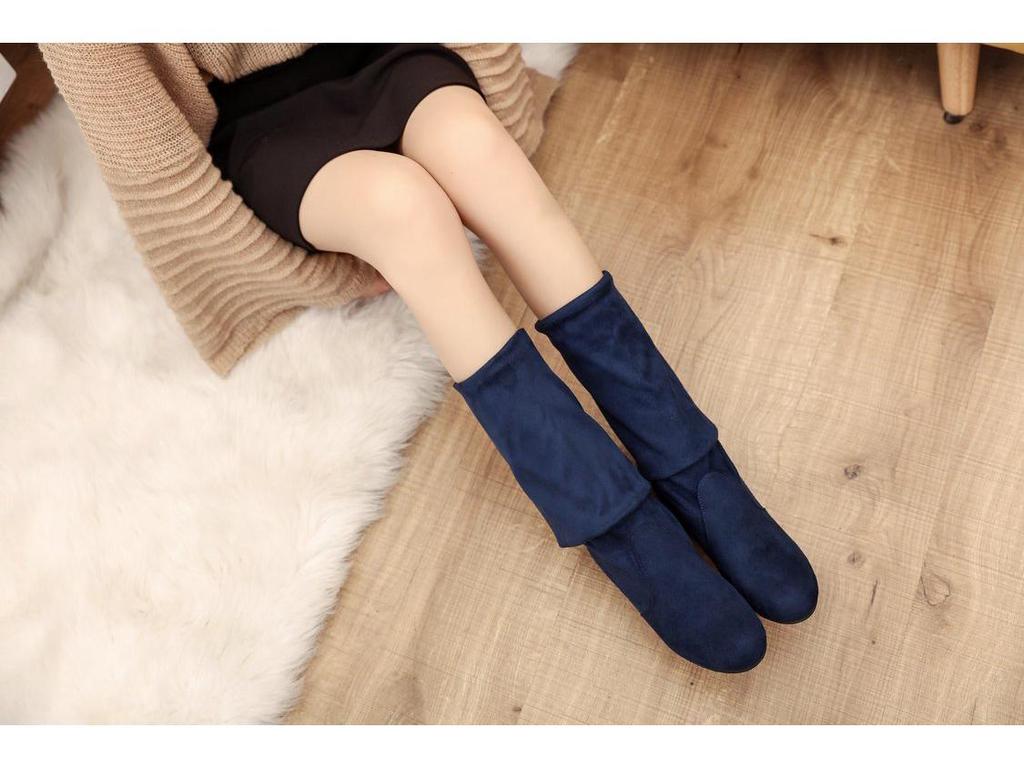 Dames Lange Elastiske Semskede Støvletter - Rund Tå, Høyt Skaft, Toveis Stil, Stor Størrelse, Europeisk og Amerikansk Design