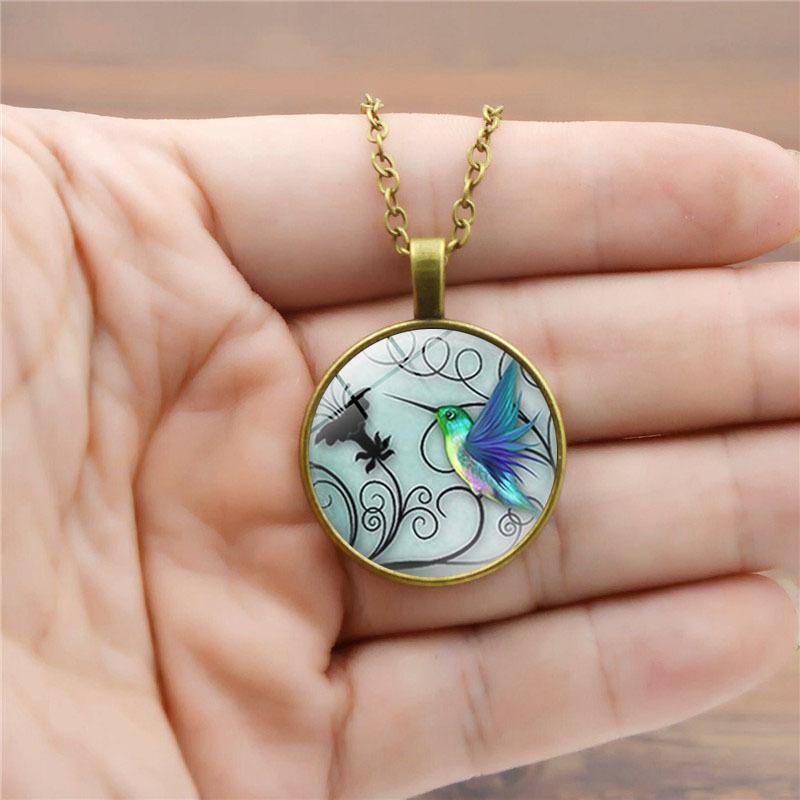 Blue Hummingbird Time Women's Versatile Decorative Glass Retro Jewelry Pendant Necklace