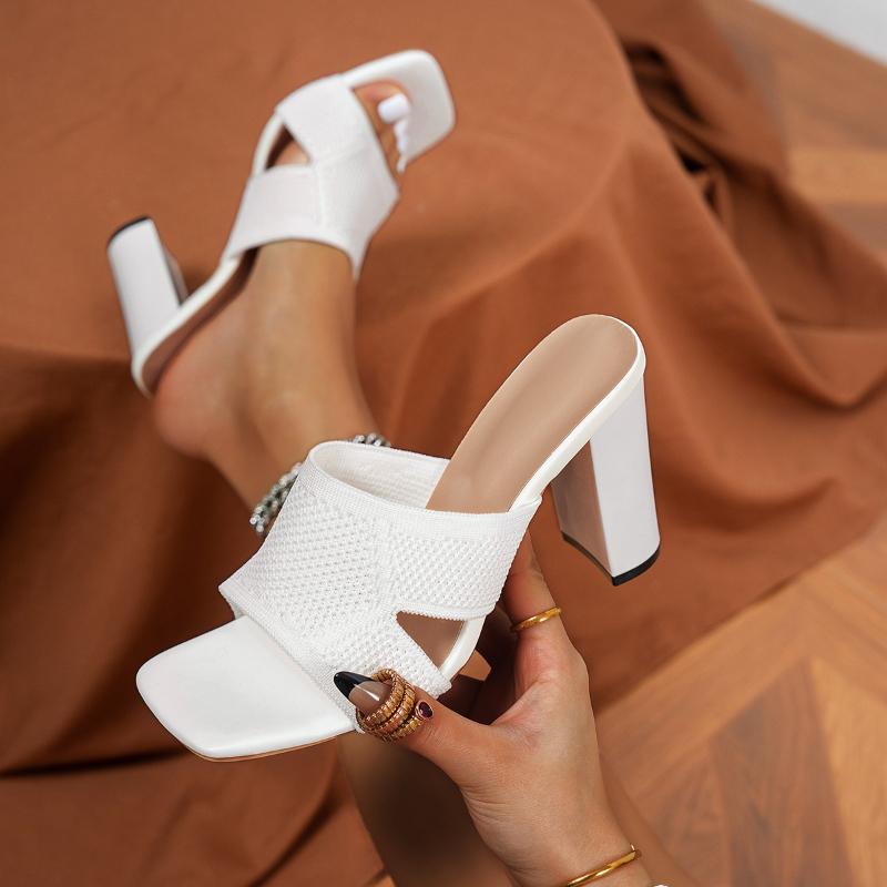 Fashion Women High Heels Slippers Knitting Sandals Square Toe Open Toe Shoes Woman Summer 2025 Trend Flip Flops Fad Slides Pumps Ladies