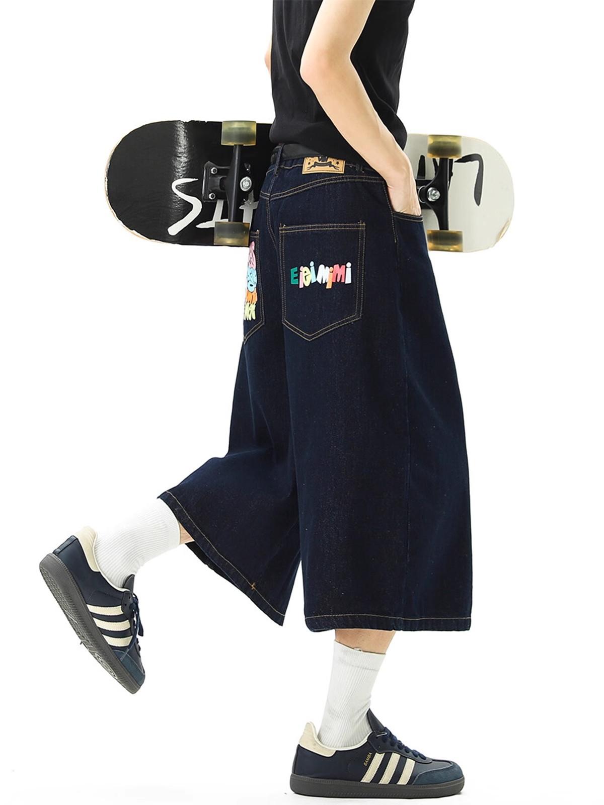 American retro sports summer men s and women s print pattern jeans versatile straight seven-point denim tide 3XL темно-синий