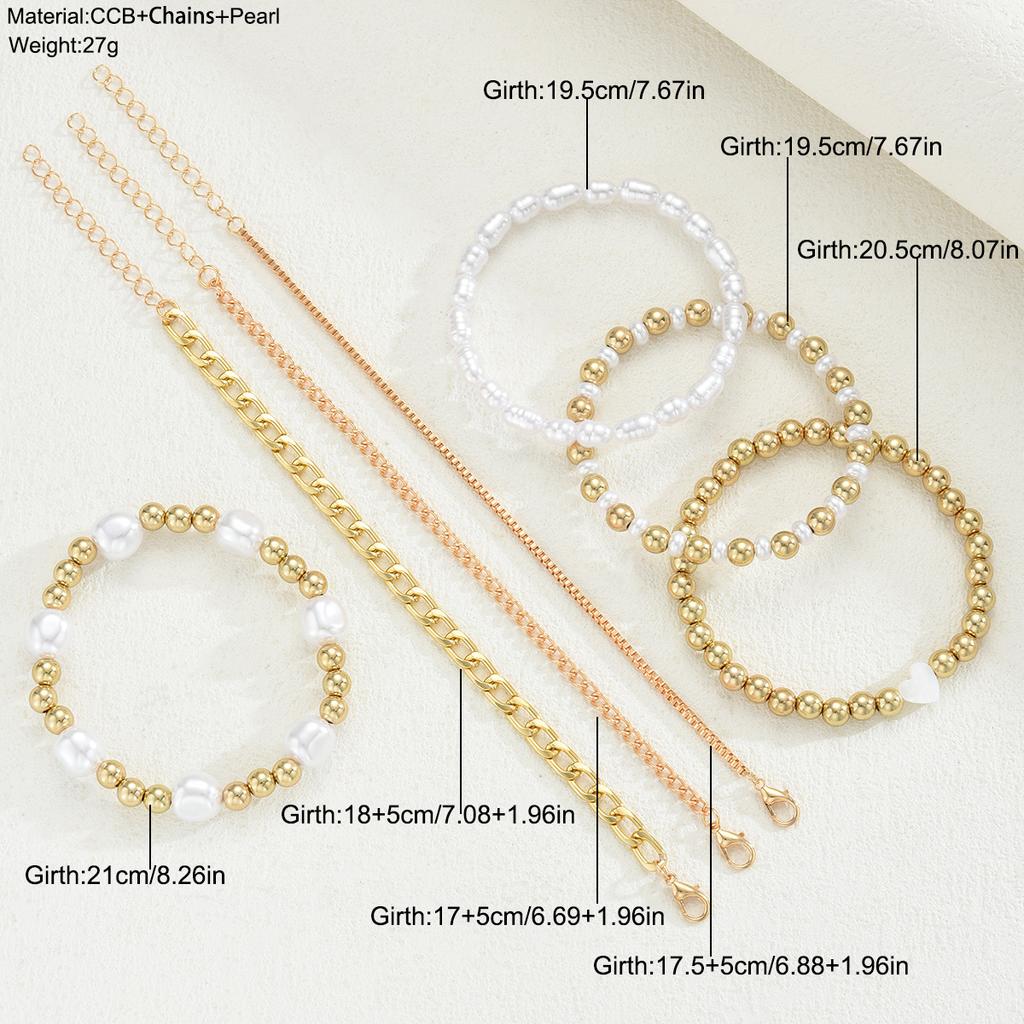 7 Stück/Set Elegantes Boho Perlenarmband-Set für Damen Vintage Einfache Goldfarbe Imitation Perle Herzarmbänder Dating Schmuck