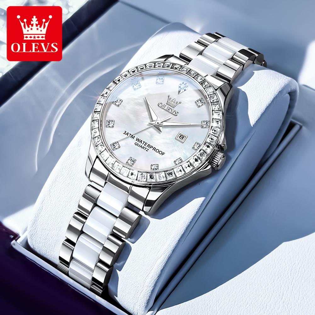 OLEVS Womens Watch Luxury Elegant Fashion Rhinestone Bezel Ceramic Strap Wristwatch Waterproof Date Watches