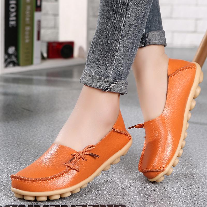 Woman Loafers Genuine Leather Female Shoes Slip On Ballet Bowtie Women's Shoe Size