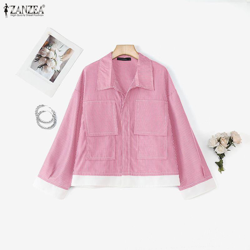 ZANZEA Women Casual Turn Down Collar Loose Long Sleeve Stripe Blouse