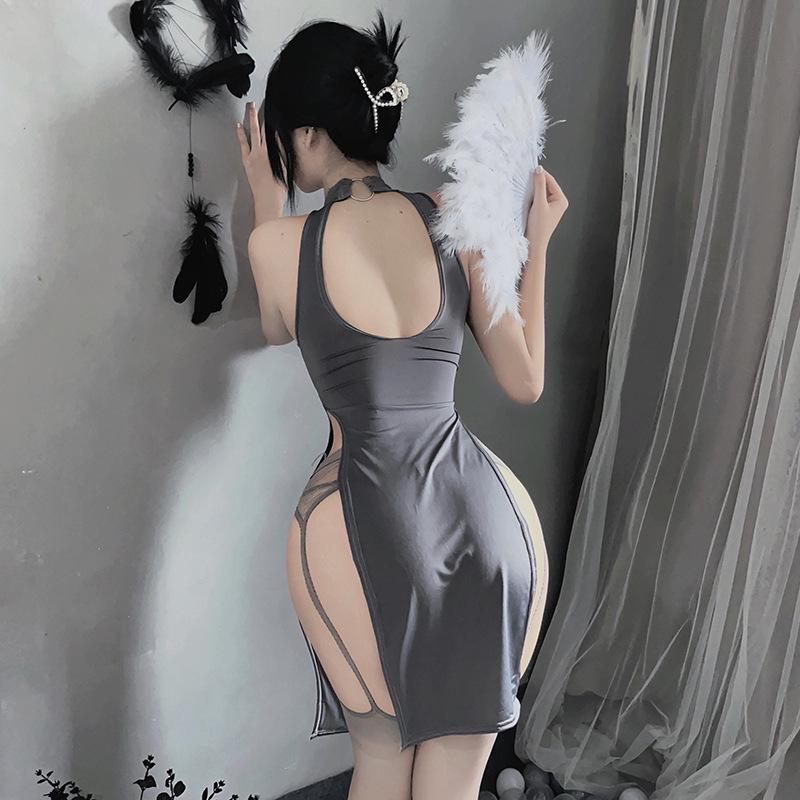 770 Plus Size Sexy Lingerie Slit Cheongsam Dress - Buttock-Revealing Summer Pajamas for Women, High Elasticity, Ideal for Roleplay