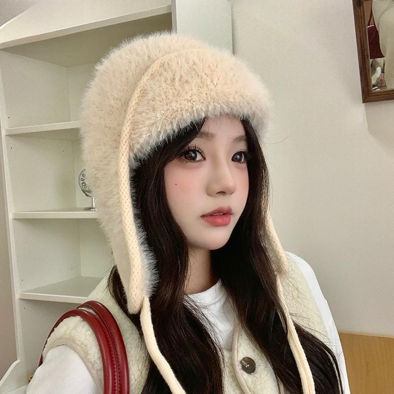 Knitted Winter Hat With Plush Ear Cover For Outdoor Cold Weather Fashion Style