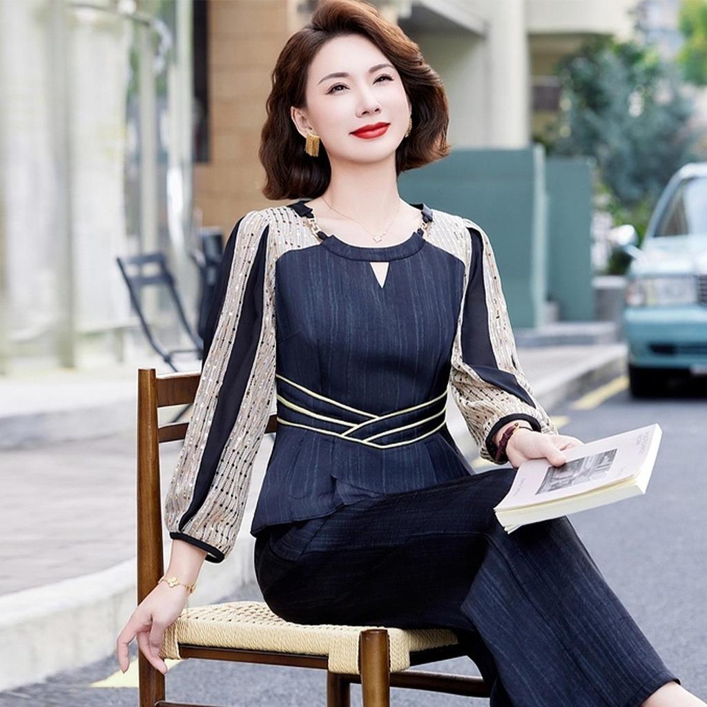 Elegant Autumn 2025 Satin Blouse & Seven-Sleeve Two-Piece Set for Middle-Aged and Elderly Women