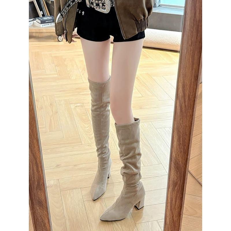 Pointed high-heeled knee boots New thick-heeled elastic thin boots Skinny boots