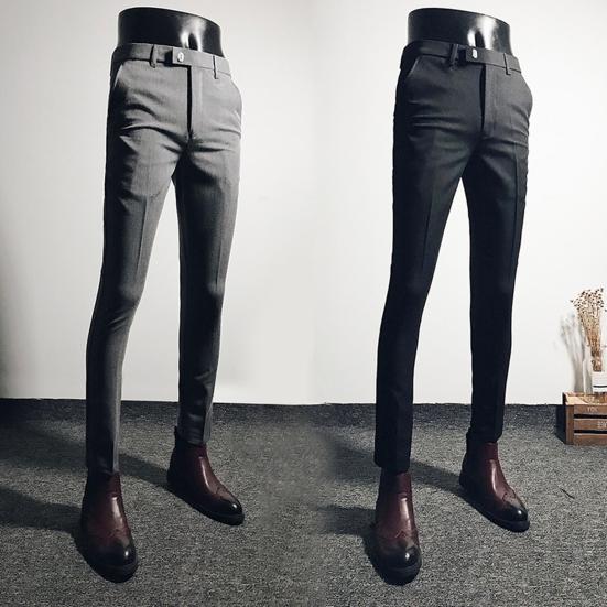 Men Business Formal Pants Solid Color Straight Cropped Pants Korean Style Stretchy Zipper Fly Office Social Trousers Streetwear