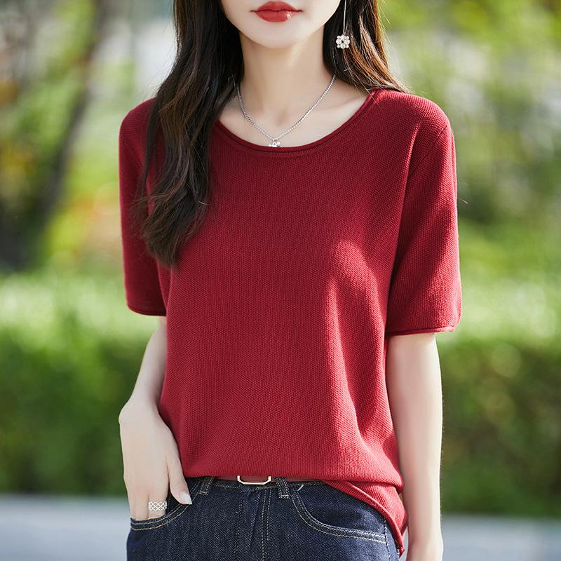 Summer Pure Cotton Rolled-up Low Round Neck Women's Short-sleeved Solid Color Casual Versatile Fresh Dry Comfortable Sweater T-shirt