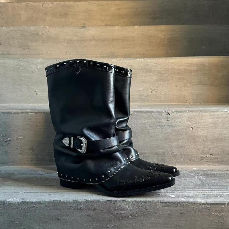 Punk Boots Women's Autumn and Winter High-end Trousers Boots Winter New Pointed Rivets Pleated High Heel Thick Heel Short Boots