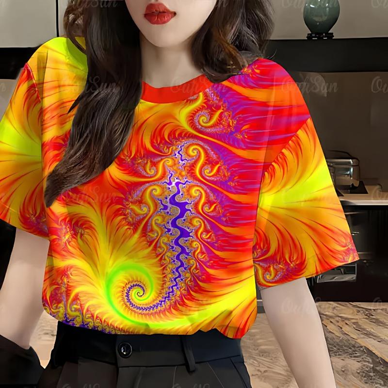 Summer Hot Sale Geometric Pattern 3D Print Short Sleeve round Neck T-Shirt Women's Fashionable Polyester Moisture Wicking Tee