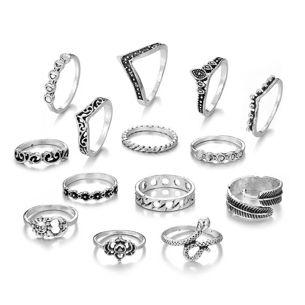 

14 шт., выдолбленное вручную кольцо, набор регулирующих колец для ювелирных изделий из перьев серебряный