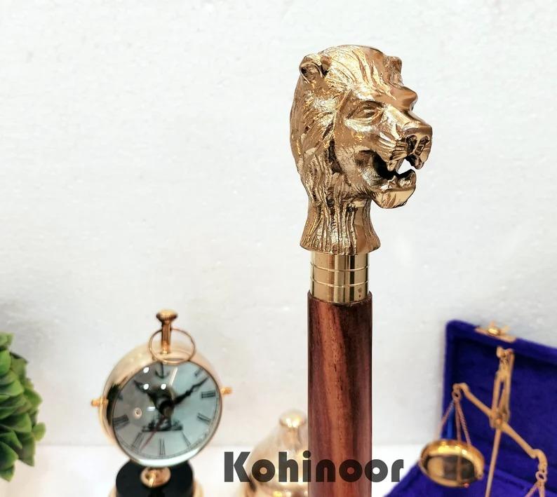 Engraved Lion Head Walking Stick: Golden Brass Finish, 39 Inch Cane