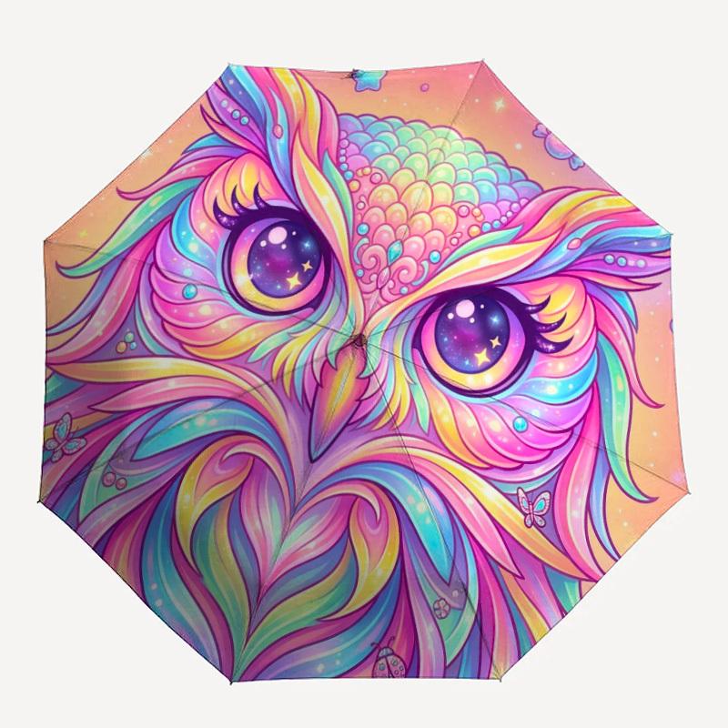 1pc Colorful Owl Automatic Opening/Closing Folding Umbrella with 8 Ribs,Windproof Portable Sunshade Umbrella Holiday gift yy260401031