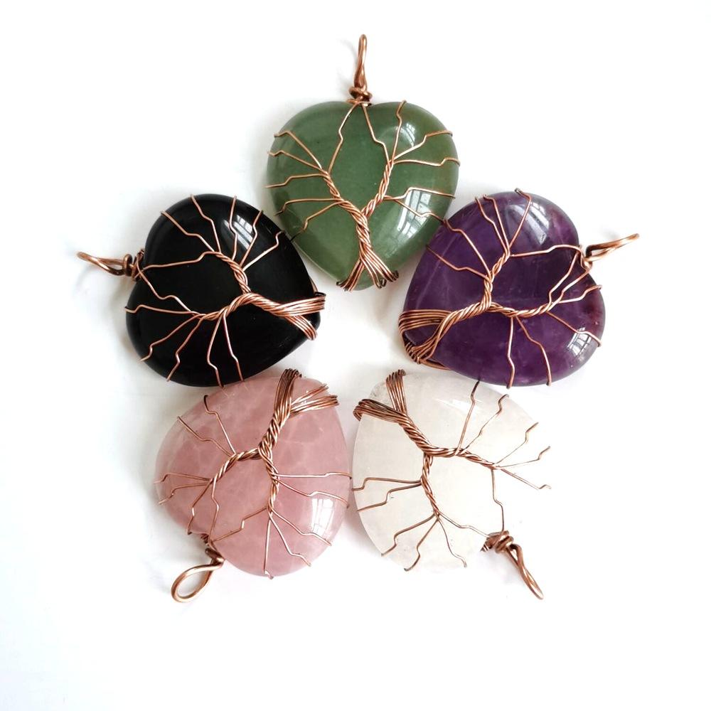 Ancient Red Copper Hand-Wound Peach Heart Natural Stone Heart-Shaped Powder Crystal Tree Of Life Necklace N519