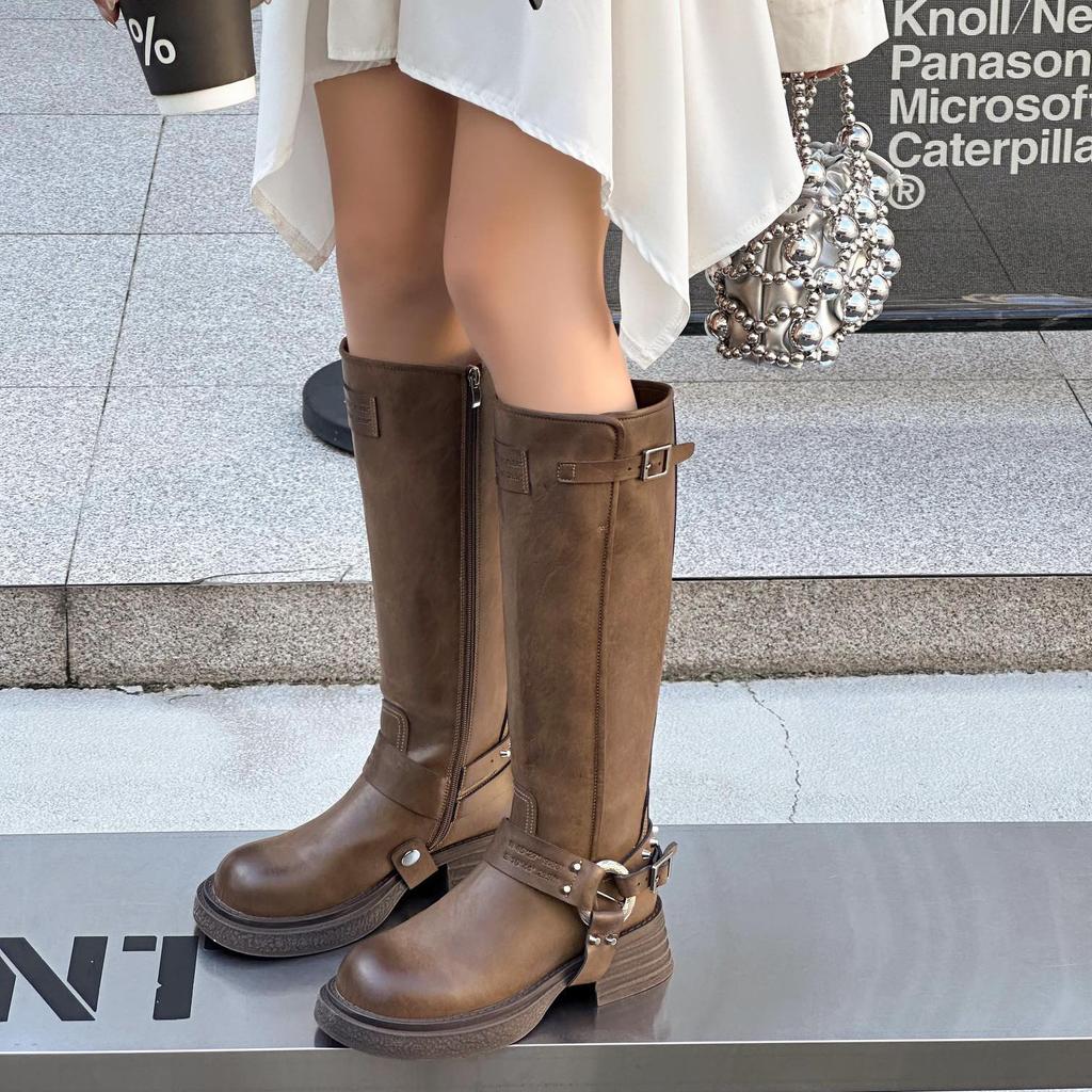 Western boots, belt buckle, medium boots, women's shoes, autumn new models, in fact, long boots, genuine leather Martin boots