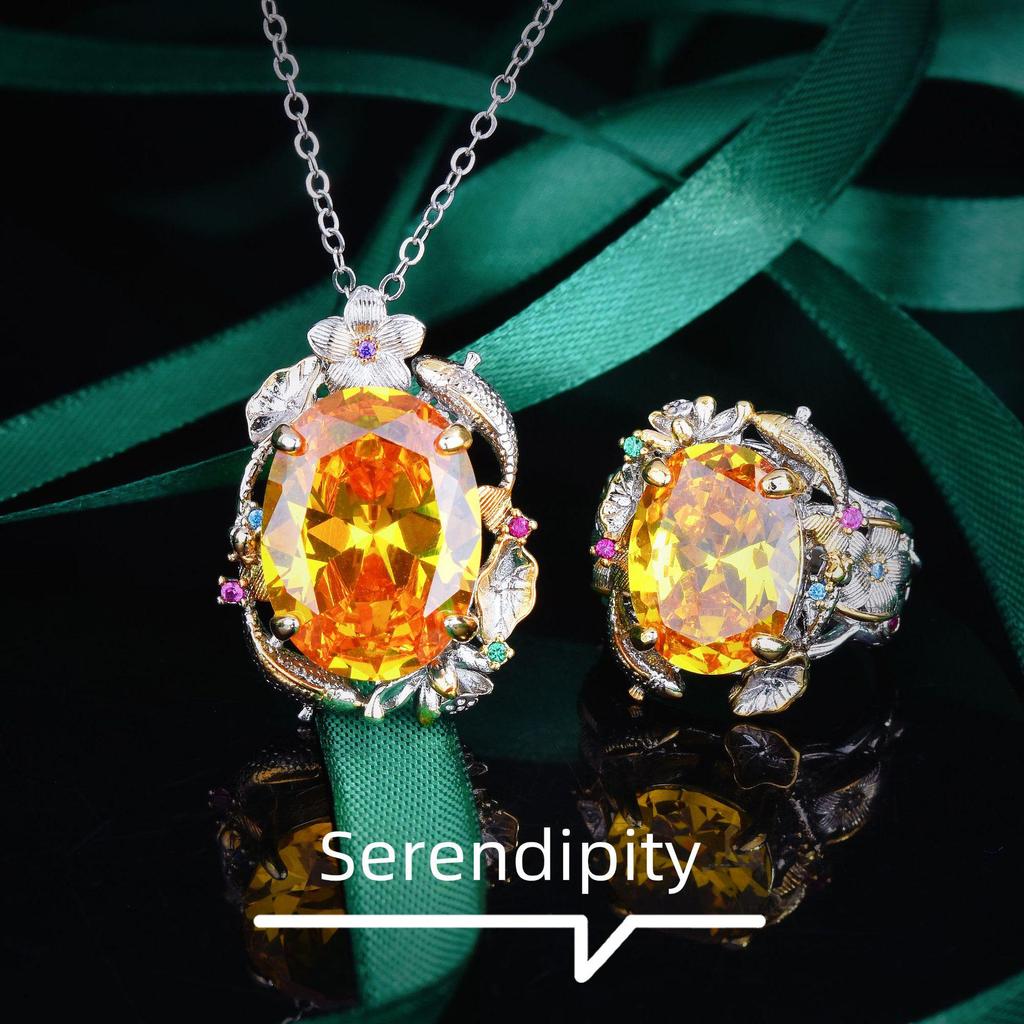 Italian Vintage Pisces Lotus Gem Set: Yellow Diamond Pendant Earrings & Adjustable Ring