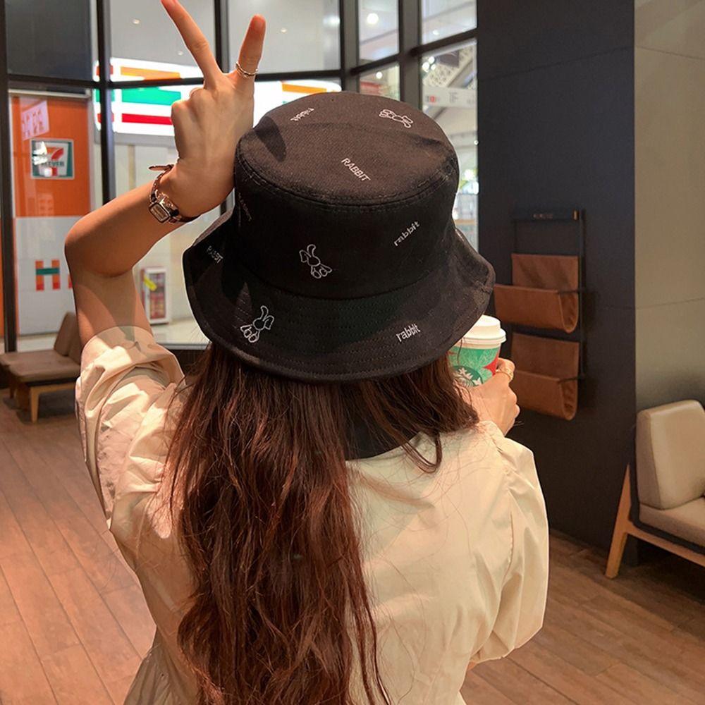 

Women Solid Color Embroidered Beach Rabbit Fisherman Hat Women Cap Sun Protection Hat Bucket Hat