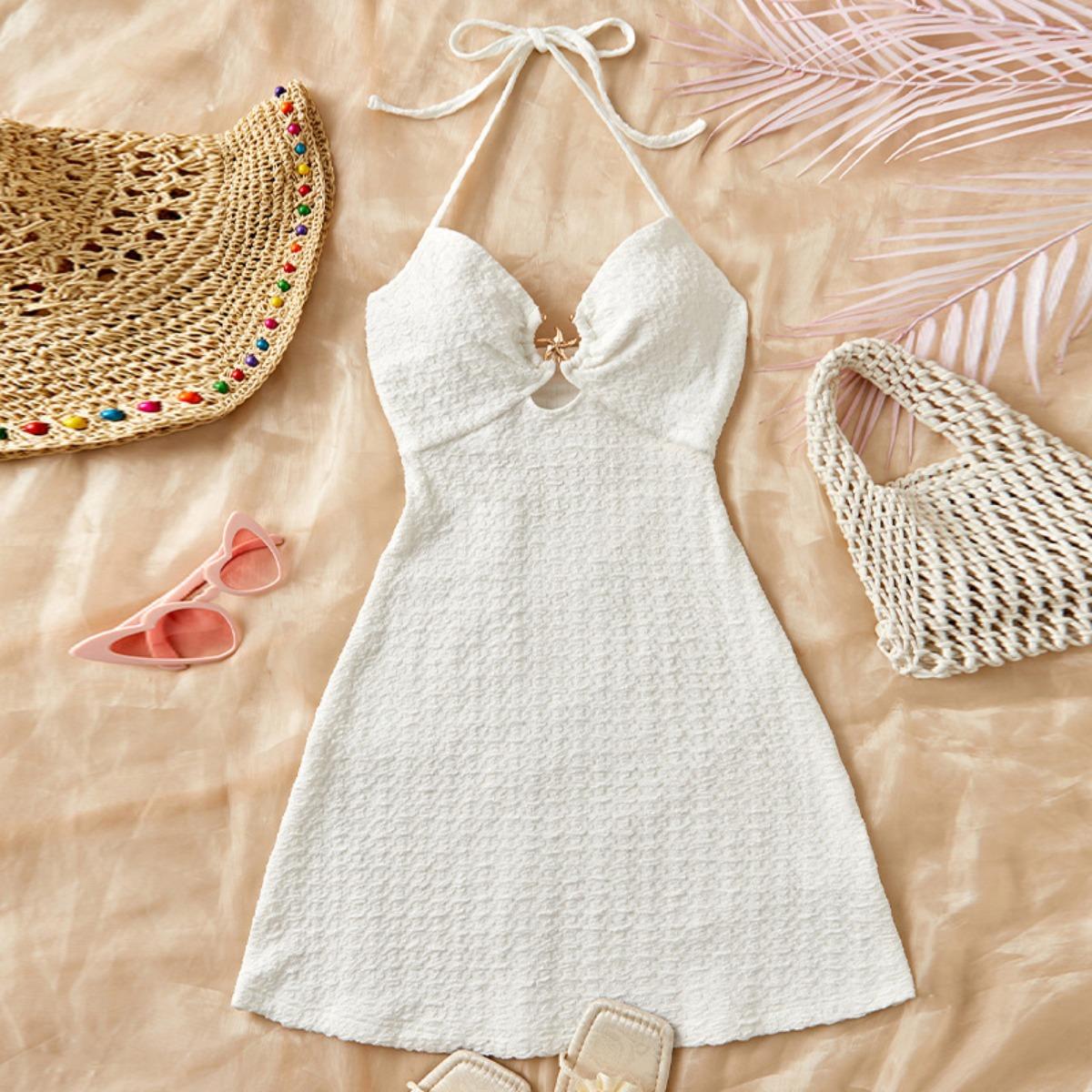 Summer European American Vacation Style Halter Neck Midi Strap Dress, Sexy Casual Beach Dress for Crossborder Women S