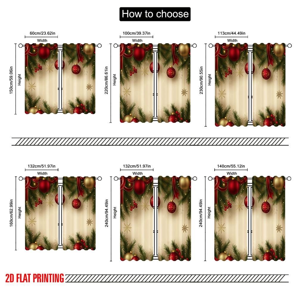 2pcs,2D Plane Printing Contemporary Curtains Christmas Baubles Fir Branches Snowflakes Versatile Durable Polyester (without Rod)
