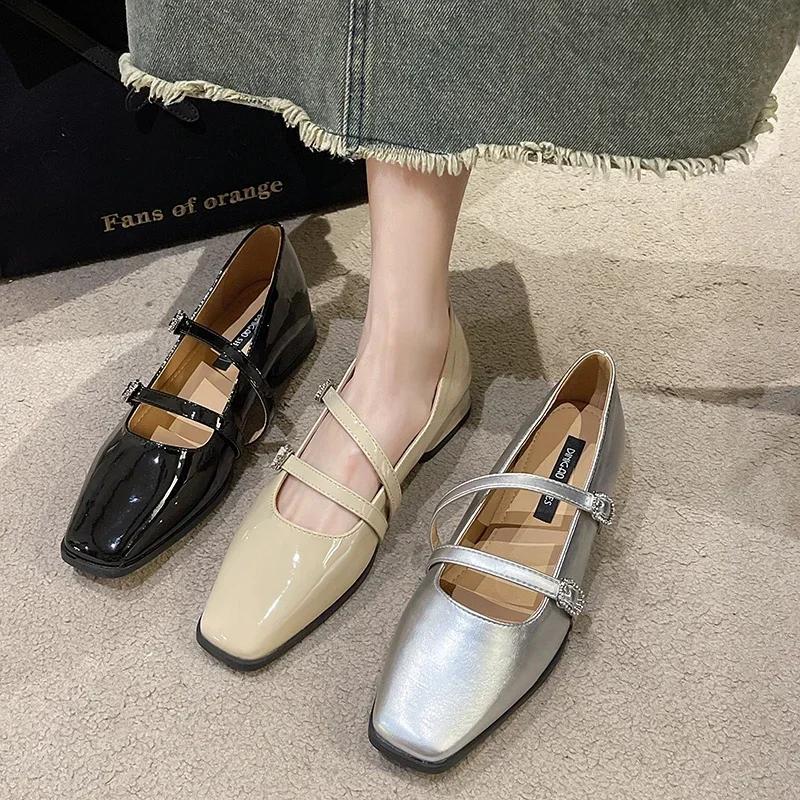 Spring Autumn Silver French Square Toe Women's Shoes Elegant Double Buckle Strap Mary Jane Shallow Shoe Retro Pumps