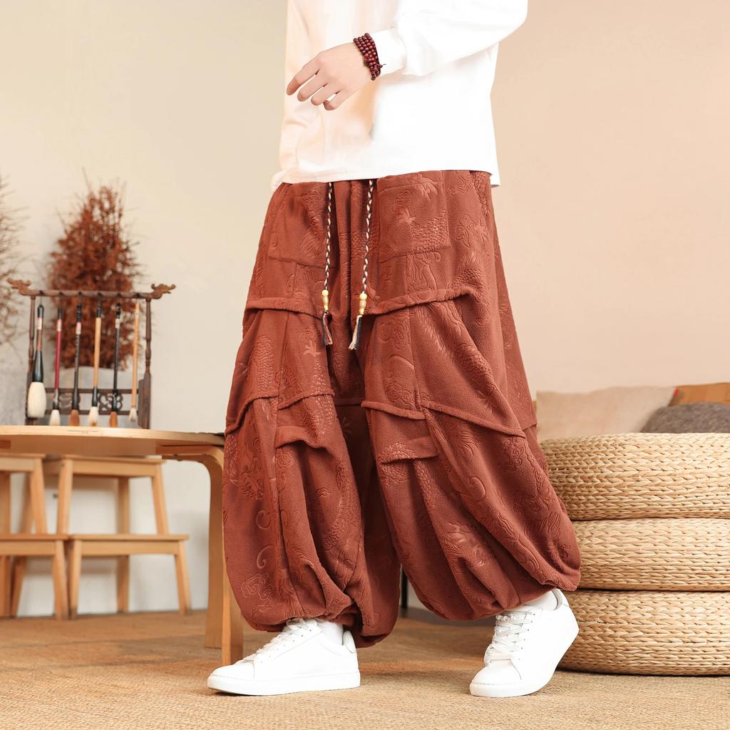 Men Chinese Style Harem Pants Men Dragon Pattern Lamb Fleece Pants Male Pleated Wide Leg Pants Male Harajuku Lantern Trousers