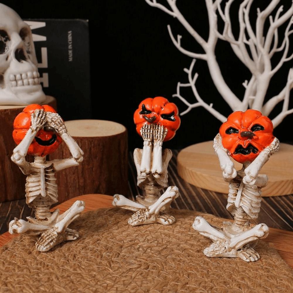 3Pcs/Set Durable Pumpkin Head Skull Doll Realistic Halloween Skeleton Figurines  Scene Props