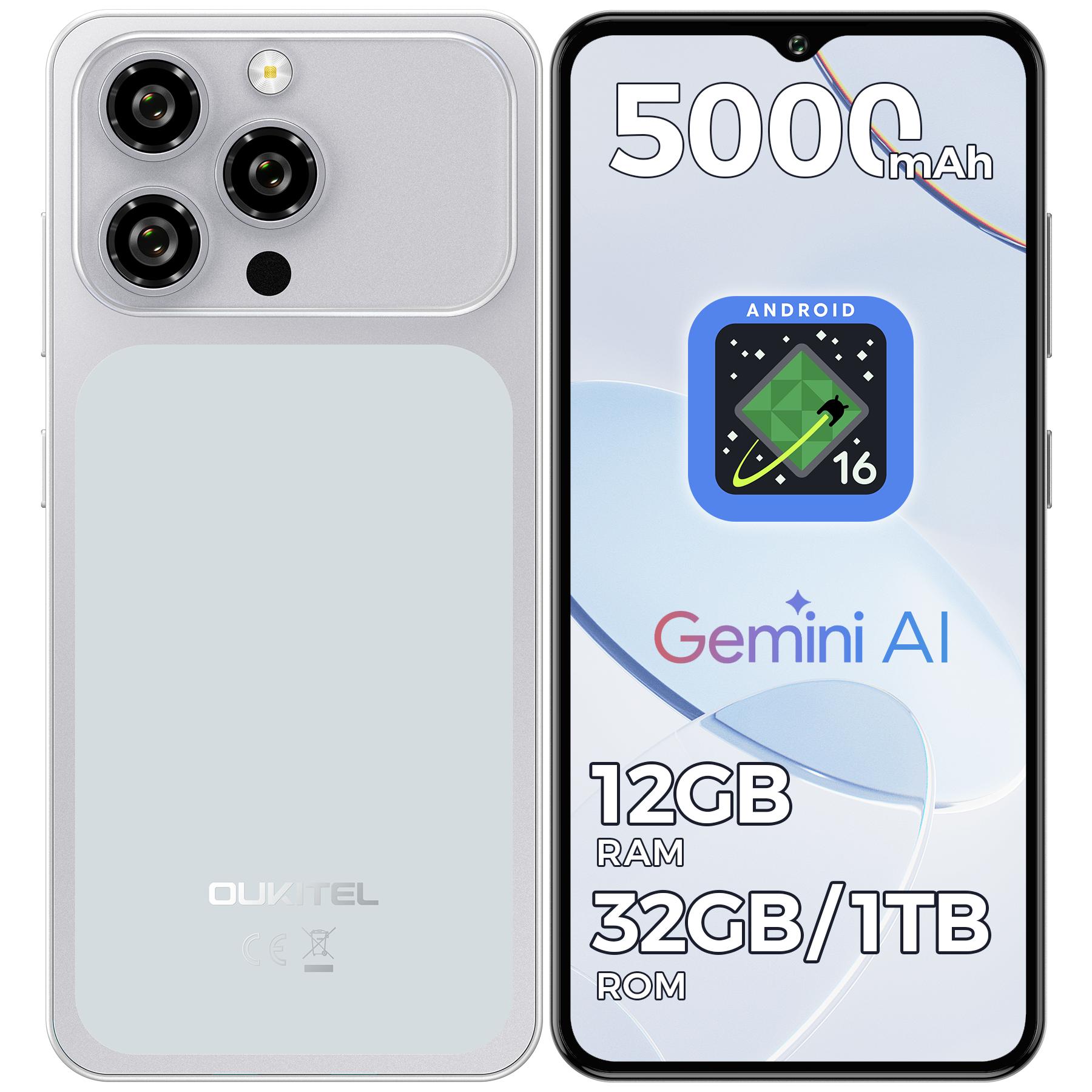 OUKITEL C17 Téléphone Portable Android 16 Débloqué 2026-12 Go+32 Go/16 Go+64 Go/16 Go+128 Go, Écran 6,52'' Goutte d'eau, Smartphone 5000 mAh, 13MP+5MP, Prise Jack 3,5 mm / GPS argenté