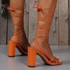 New Summer Elegant Lace-up Solid Color Square-toe Banquet High Heels Open Toe Fashion Thick Heels Sexy Women's Sandals