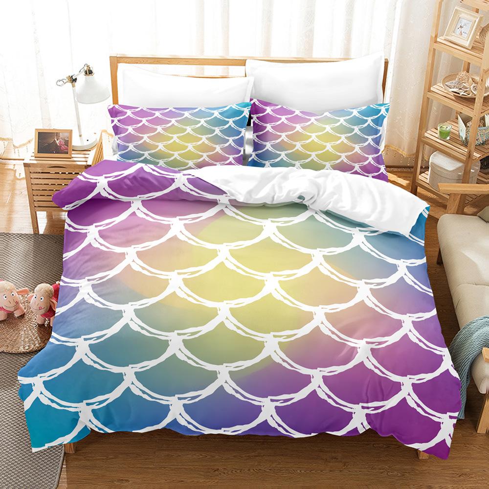 Laser Gradual Change Fish Scale 3D Digital Printing Three-Piece Quilt Cover Pillowcase Home Textile Bed Sheet Kit