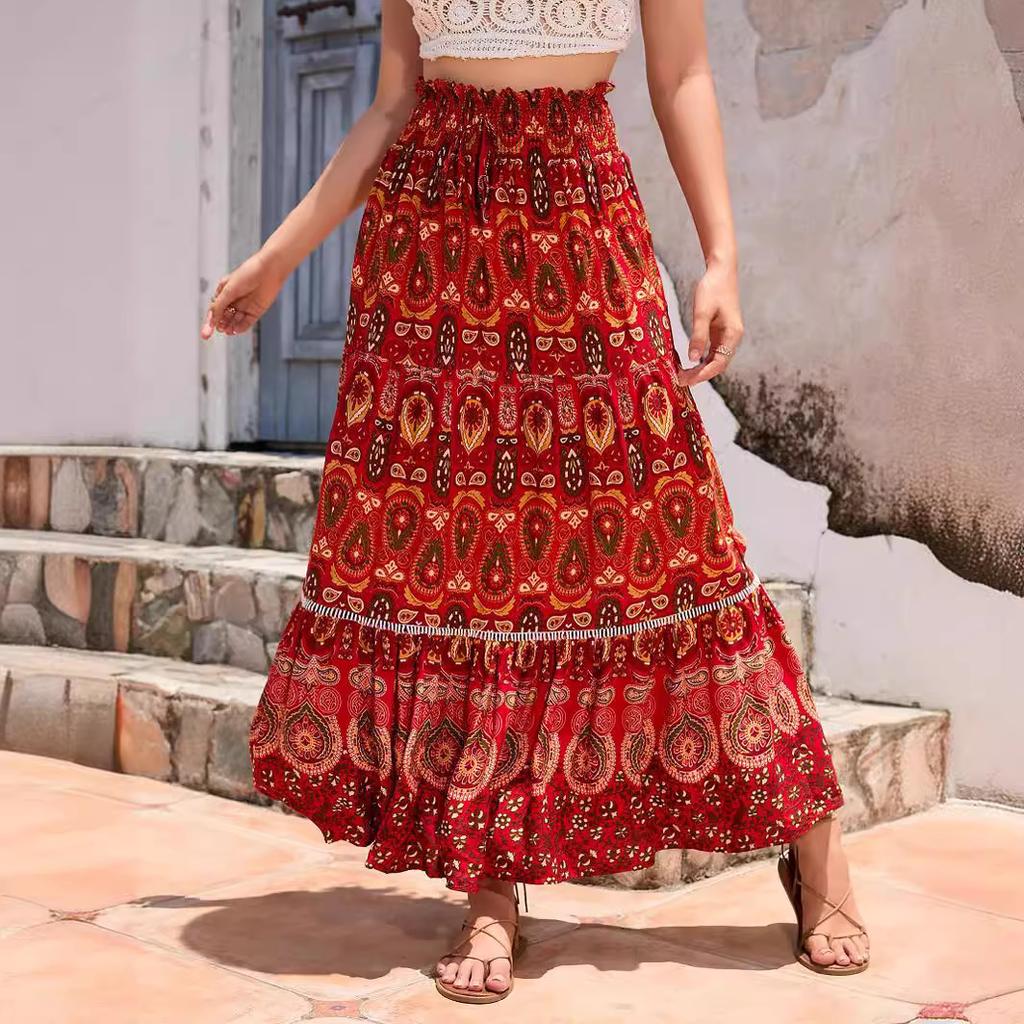 Damen Elastischer Bund Maxi-Rock Lockerer Sitz Boho Bedruckter Langer Rock Stufig RAYON 100% Strandurlaub Fließender Midi-Rock