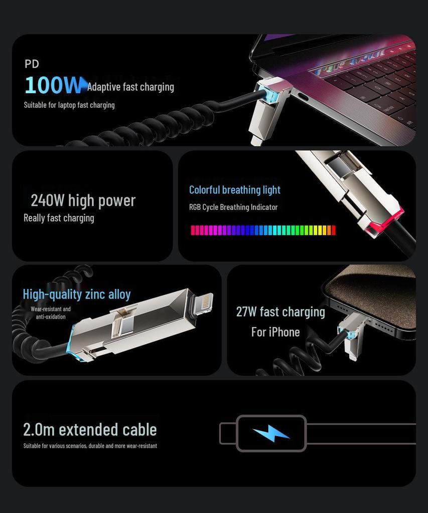 240W Cyber Spring 4-in-1 Retractable Data Cable for Apple & Huawei iPhone 16