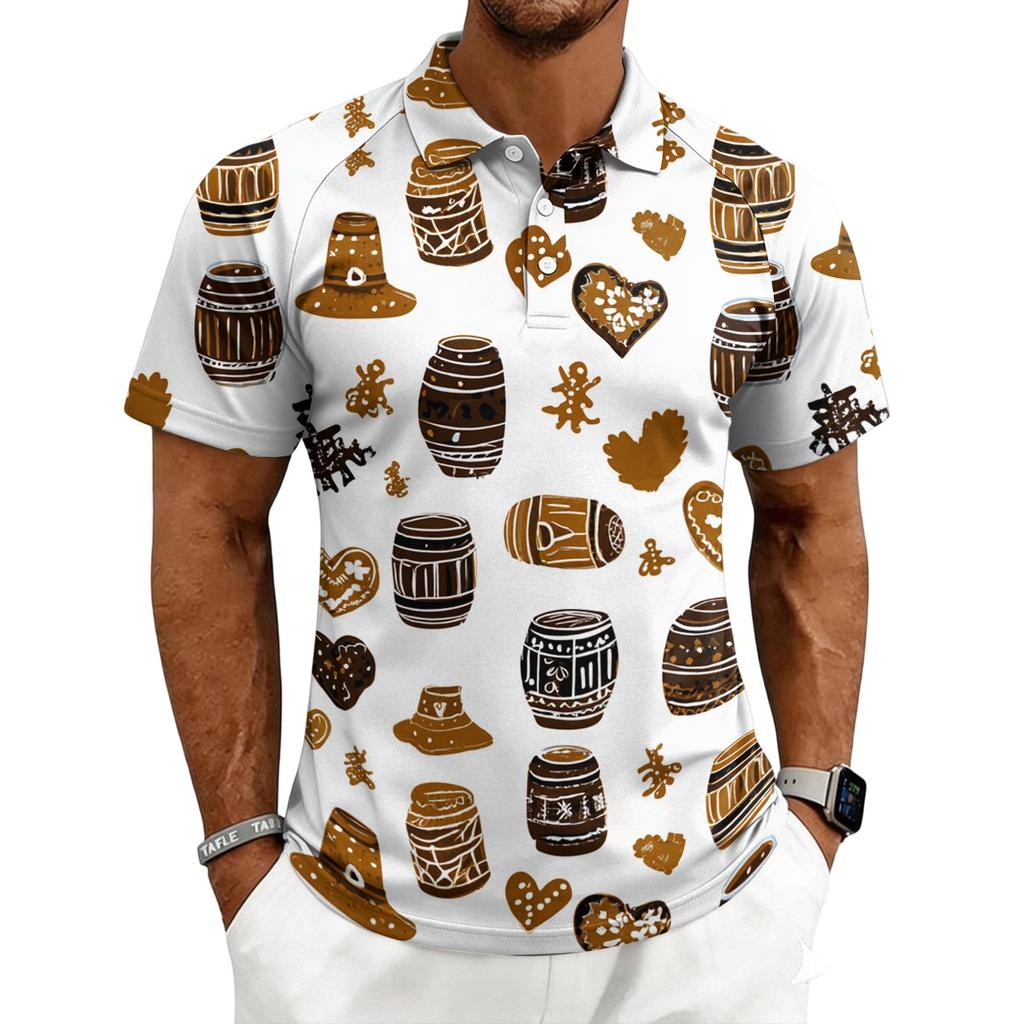 Men's Casual Printed Polo Shirt Short Sleeve Turn Down Collar Button Up Top with Graphic Pattern for Everyday Wear