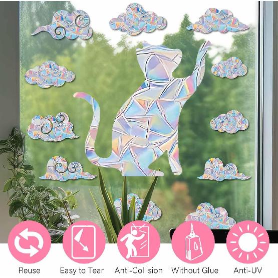 21pcs Star Moon Cat Sun Catcher Window Clings for Glass Windows, Anti-Collision Stickers Decals Prevent Bird Strikes,Rainbow Prismatic Window Clings