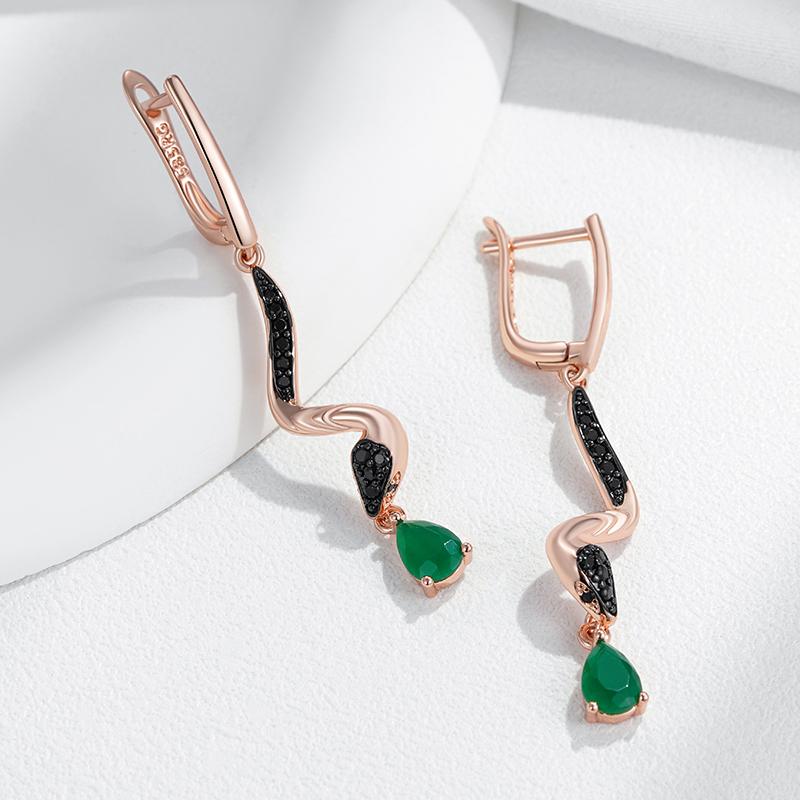 Green Natural Zircon Snake Drop Earrings For Women  Rose Gold And Black Plating Vintage Animal Daily Punk Jewelry