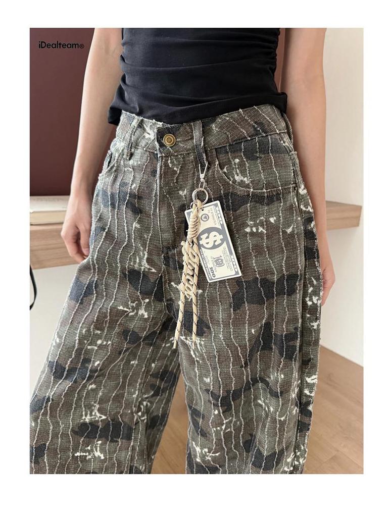 INSS 2026 Spring Women's Slimming Straight Leg Retro Camouflage Water Ripple Jeans