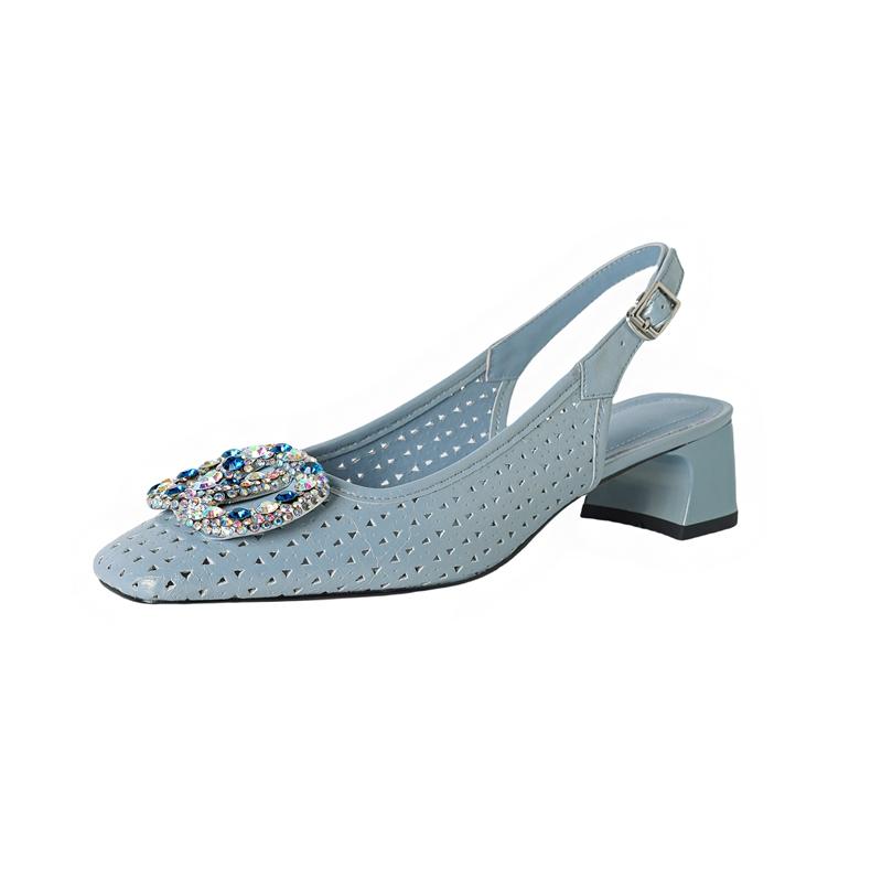 Fashion Women's new summer breathable hole leather cowhide rhinestone accessories with loose grip high heels and toe caps sandals