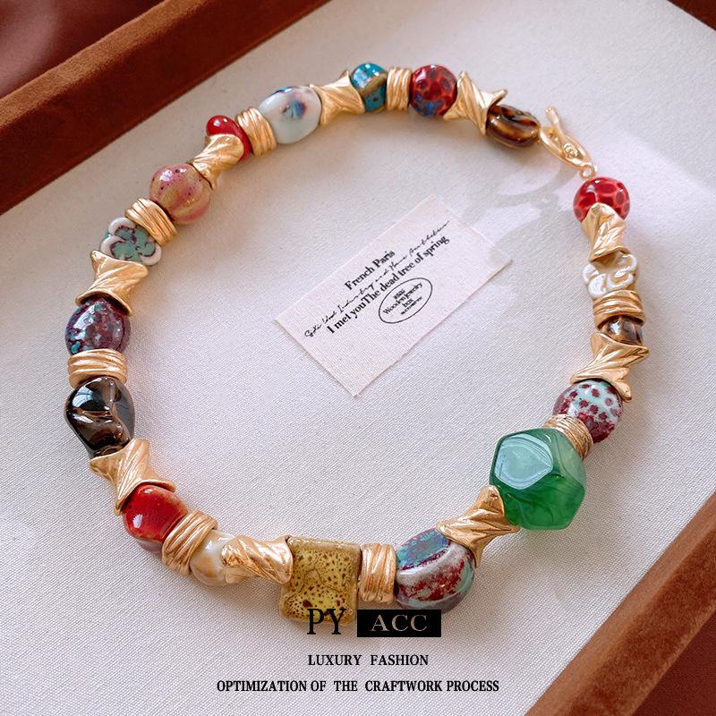 Vintage Geometric Floral Ceramic Necklace - Retro Style Clavicle Chain Jewelry