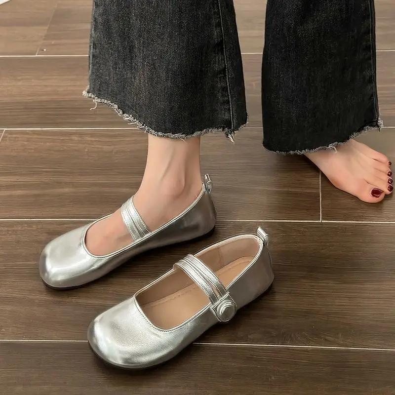 Fashion Ladies Footwear Black Silver Women's Flat Shoes with Straps Gothic Japanese Style Lolita Mary Jane Square Toe Korean Stylish Y2k