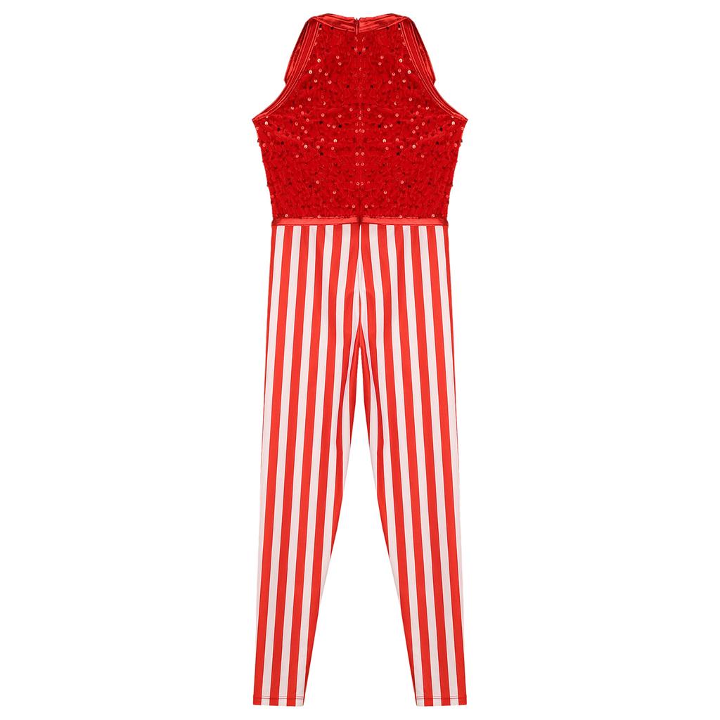 Girls Christmas Costume Sleeveless Striped Sequins Bodysuit Dance Gymnastics Jumpsuit Candy Cane