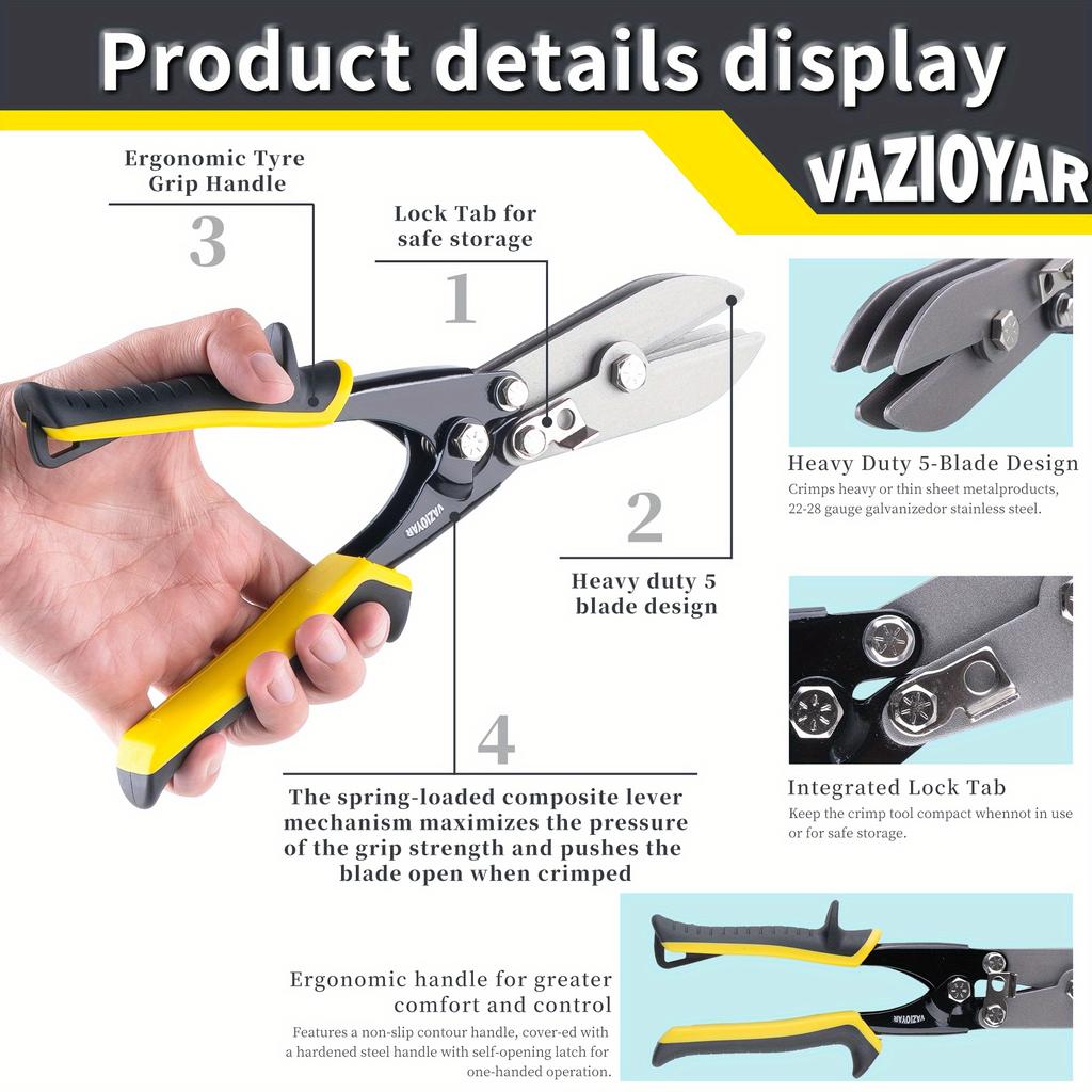 Damaly,5-Blade Duct Crimper Tool for Sheet Metal, HVAC Work, 24-28 Gauge, Alloy Steel Construction with Yellow & Black Handle