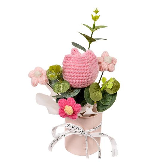 Crochet Flower Bouquet Handmade Artificial Knitted Bouquet Fake Sunflower Carnation Tulip Puff Flowers Gifts for Mother Wife On Birthday Anniversary