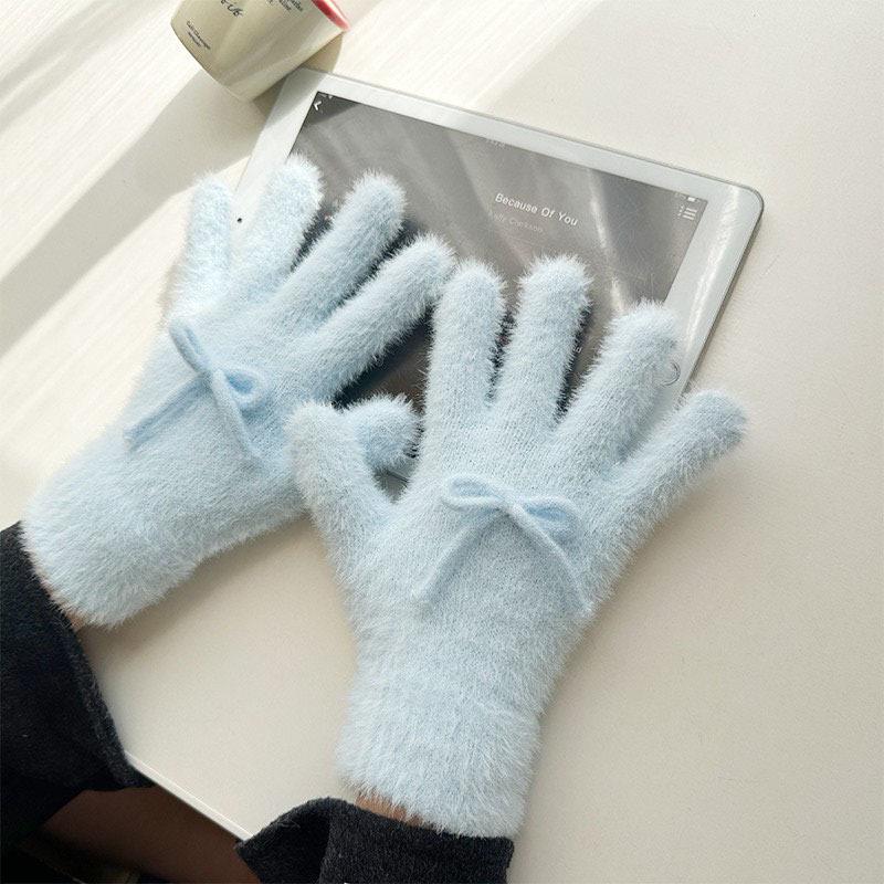 Korean Style Cute Bow Plush Knitted Gloves Autumn and Winter Warm and Cold Proof Five Finger Gloves Cycling Finger Gloves