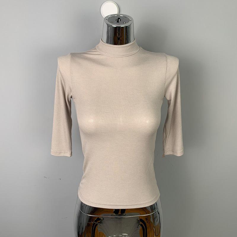 Dongdaemun Slim Ribbed High Neck Mid-Sleeve T-Shirt - Flattering Office Wear