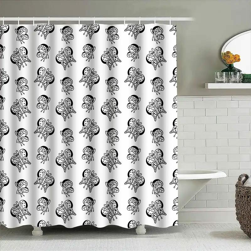 Modern Svart Vit Manet Duschdraperi Dekorativt Badrumstyg Vattentätt Hemdekoration