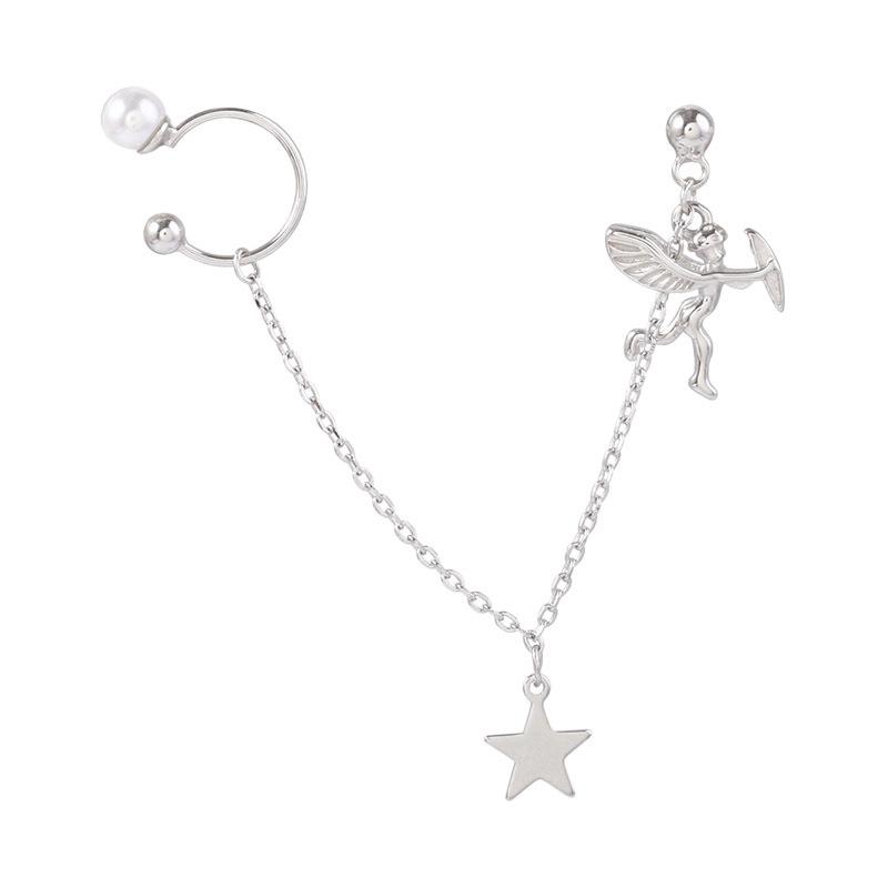 Angel Cupid, star earrings, female fringed pearl long ear clips, one pair of fairy personality single earrings.