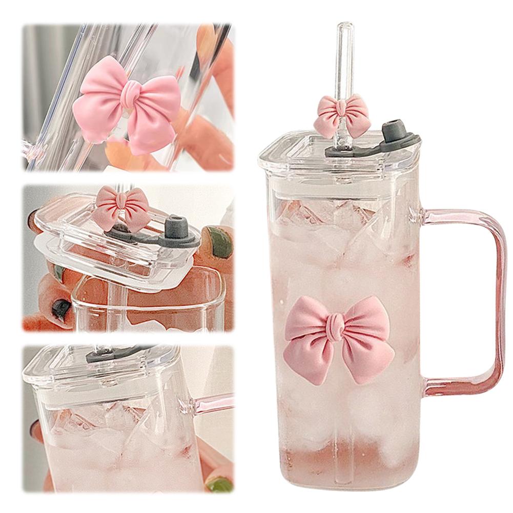 Square Shape Transparent Cup Water Bottle with Lids and Straws Clear Glass Cups with Handle Bow Knot Glasses Tumbler for Office