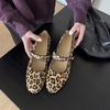 2025 Autumn New Retro Round Head Ballet Shallow Mouth One-word Buckle Flat-soled Leopard Print Single Shoes Women's Mary Jane Shoes